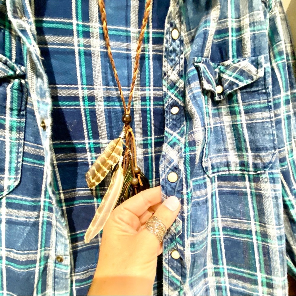 Upcycled Native wildlife back detailing plaid boho shirt w western country vibe - Picture 12 of 12